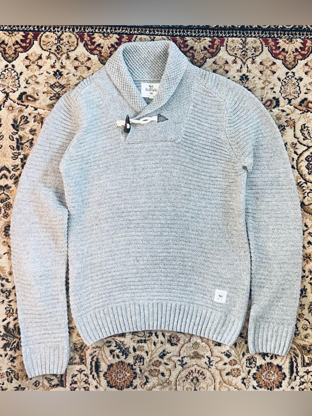Bellfield Men's Gray Knit Wool Blend Shawl Collar Toggle Pullover Sweater Size M